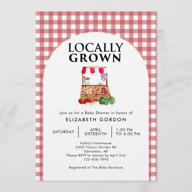 Locally Grown Baby Shower Farm Market Gingham Einladung (Vorderseite)