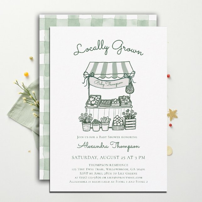 Locally Grown Market Stand Green Baby Shower Einladung (locally grown baby shower invitation sprout produce watercolor farmers market stand gingham sage)