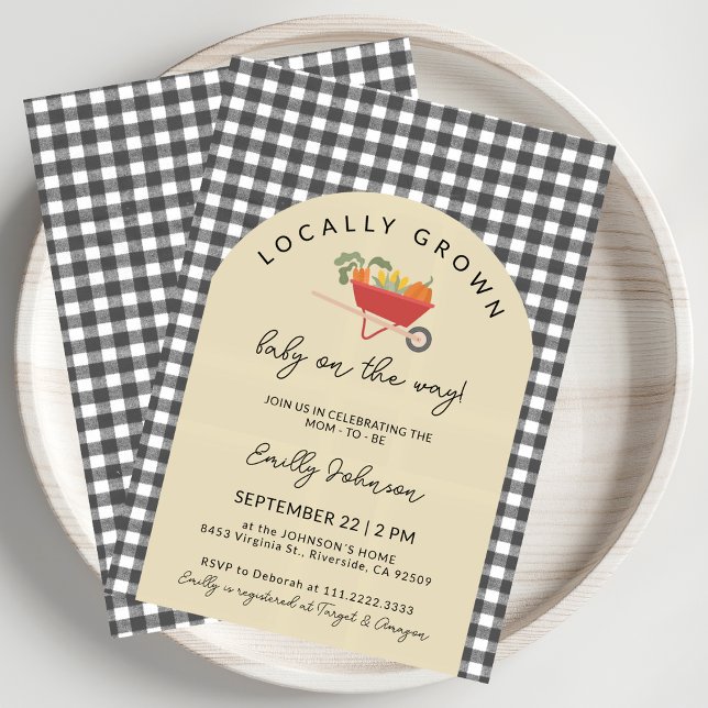 Locally Grown Modern Grey Gingham Baby Shower Einladung (Von Creator hochgeladen)