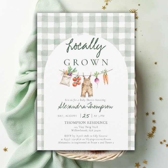 Locally Grown Produce Clothes Line Baby Shower Einladung (locally grown baby shower invitation clothes line overalls produce watercolor green gingham arch)