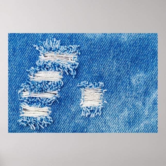 Loch auf Denim Jeans. Ripped Destroyed Torn Blue j Poster (Vorne)