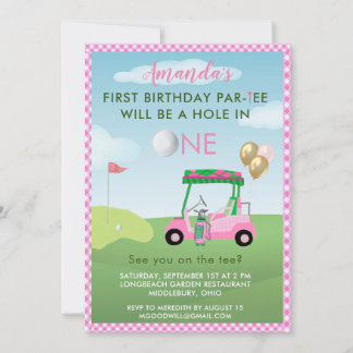 Loch in einem Golf Pink Girl Erster Geburtstag Einladung
