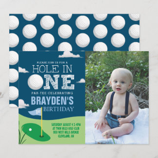 Loch in einem Navy Golf Theme Boys Erster Geburtst Einladung