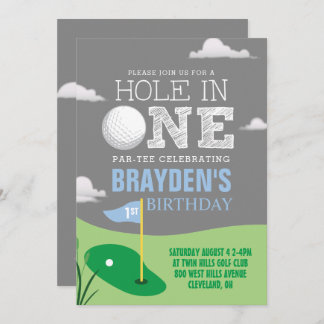 Loch in One Gray Golf Theme Boys Erster Geburtstag Einladung