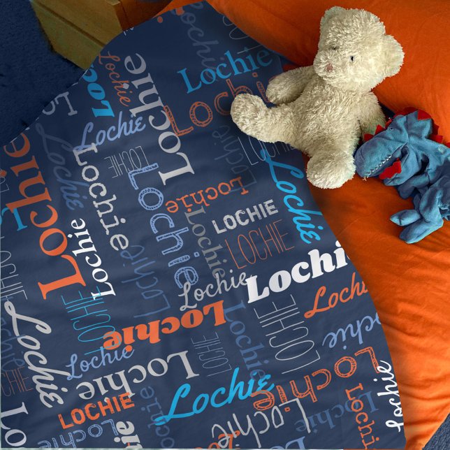 Lochie personalisierter Name Blau-Orangendecke Fleecedecke (Von Creator hochgeladen)