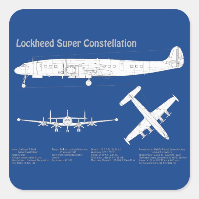 Lockheed L-1049 Super Constellation - Pläne ABD Quadratischer Aufkleber (Vorderseite)