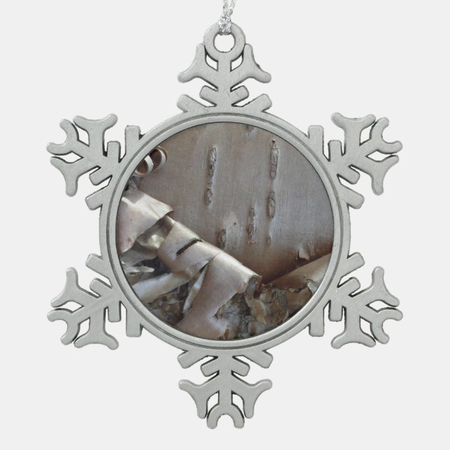 Lockige Birkenrinde Rustikal Schneeflocken Zinn-Ornament (Vorderseite)