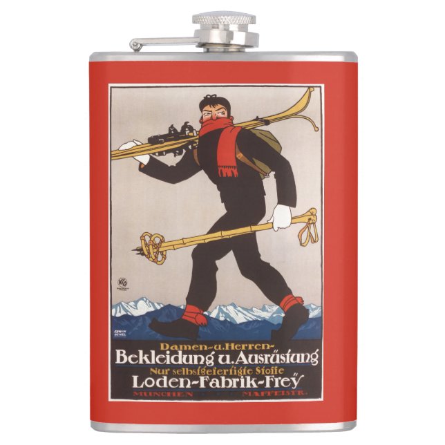Loden Ski kleidet Skifahren-Anzeige-Plakat Flachmann (Vorderseite)
