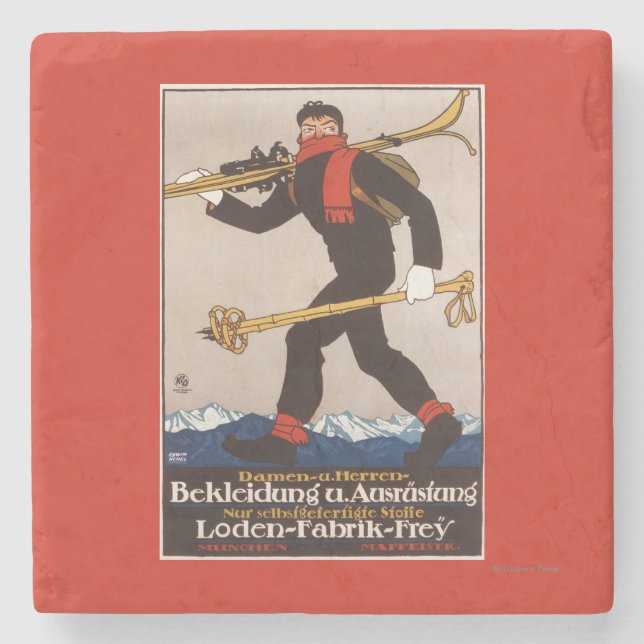 Loden Ski kleidet Skifahren-Anzeige-Plakat Steinuntersetzer (Vorderseite)