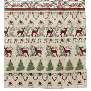 Lodge Christmas Tree Merry Bright Deer Antlers Duschvorhang