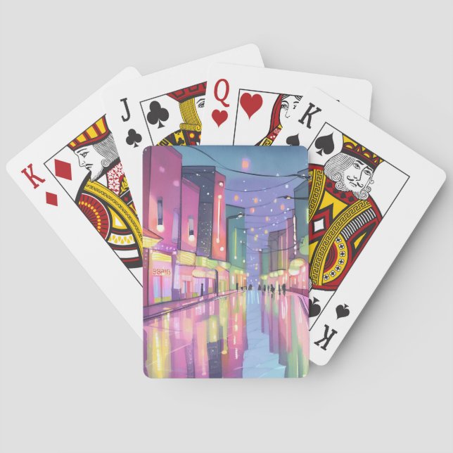 Lofi City Night Light | Farbige Wasserfarbe Spielkarten (Rückseite)