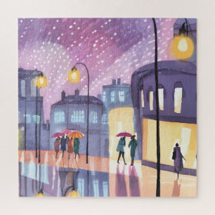 Lofi Regenspaziergang   Farbige Stadtlichter Aquar Puzzle