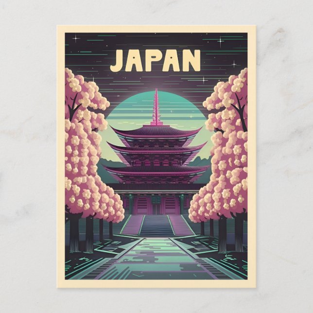 LoFi Vaporwave Retro 80er Japanischer Tempel Sakur Postkarte (Vorderseite)