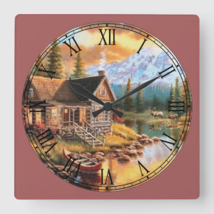 Log Cabin Fine Art Roman Numerum Quadratische Wanduhr