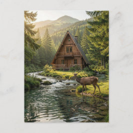Log Cabin, Stream and Deer, Father's Day Postkarte