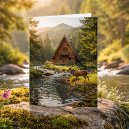 Log Cabin, Stream and Deer, Happy Birthday Karte
