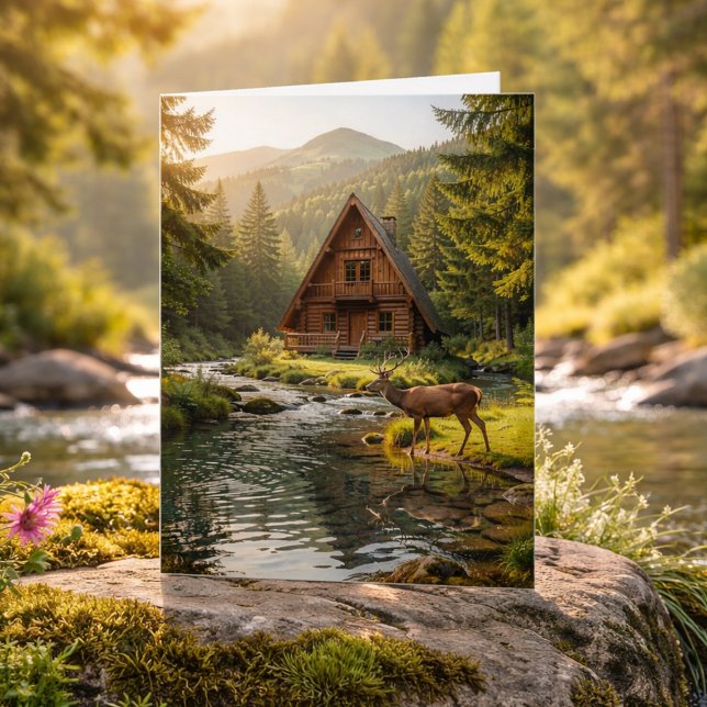 Log Cabin, Stream and Deer, Happy Birthday Karte (Von Creator hochgeladen)