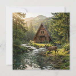 Log Cabin, Stream, Mountains and Deer Nature Art