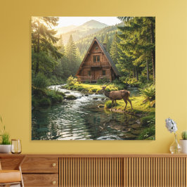 Log Cabin, Stream, Mountains and Deer Nature Art Leinwanddruck