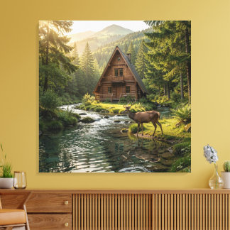 Log Cabin, Stream, Mountains and Deer Nature Art Leinwanddruck