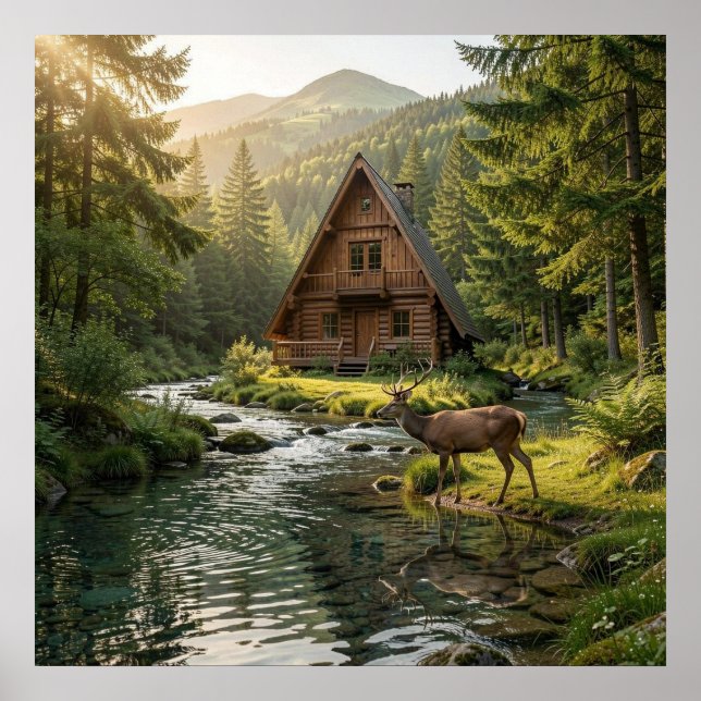 Log Cabin, Stream, Mountains and Deer Nature Art Poster (Vorne)