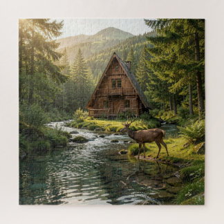 Log Cabin, Stream, Mountains and Deer Nature Art Puzzle
