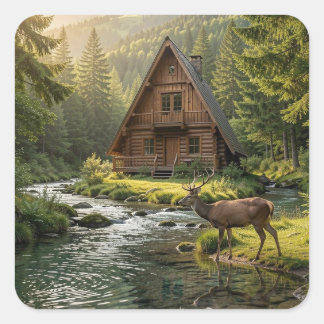 Log Cabin, Stream, Mountains and Deer Nature Art Quadratischer Aufkleber