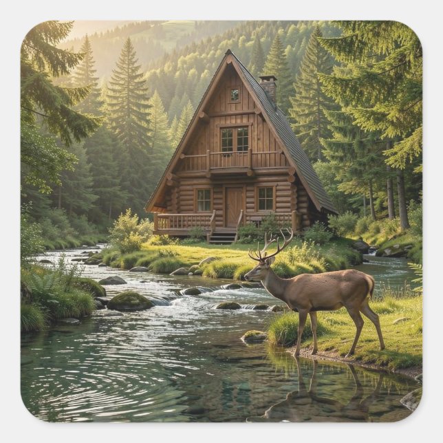 Log Cabin, Stream, Mountains and Deer Nature Art Quadratischer Aufkleber (Vorderseite)