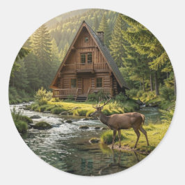 Log Cabin, Stream, Mountains and Deer Nature Art Runder Aufkleber