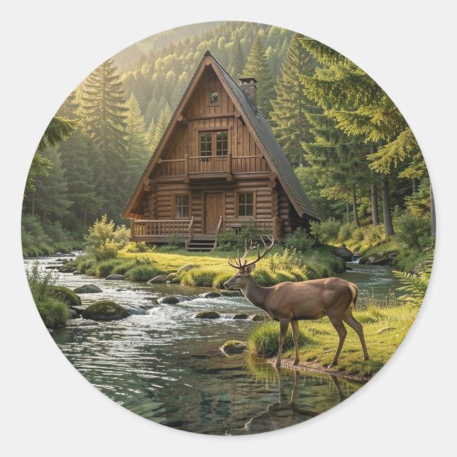 Log Cabin, Stream, Mountains and Deer Nature Art Runder Aufkleber (Vorderseite)