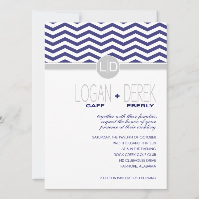 Logan Zickzack | Marine grau BASIC WHITE PAPER Einladung (Vorderseite)
