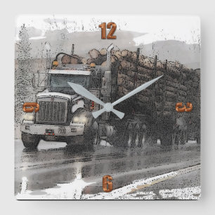 Logging Truck in the Rain Large Clock Quadratische Wanduhr