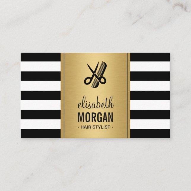 Logo auf der Hair Stylist Elegantes Gold Schwarz-w Visitenkarte (Vorderseite)