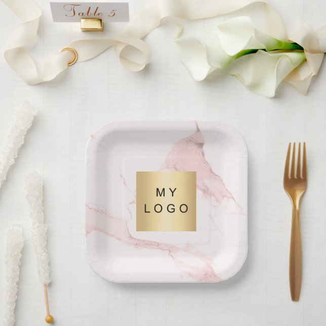 Logo aus rosafarbenem Marmor Pappteller (Hochzeit)
