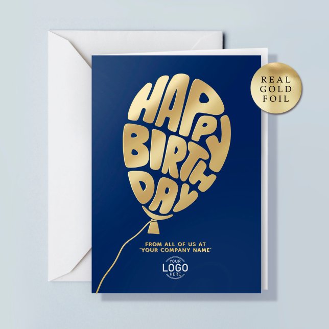 Logo Balloon Blue Business Gold Foil Birthday Card (Von Creator hochgeladen)