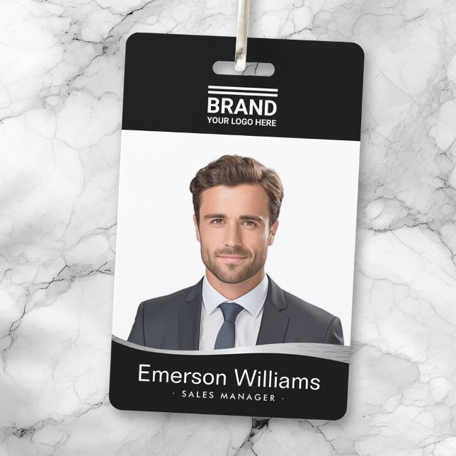 Logo black faux silver wave employee name id ausweis (Logo black faux silver wave employee name id badge)