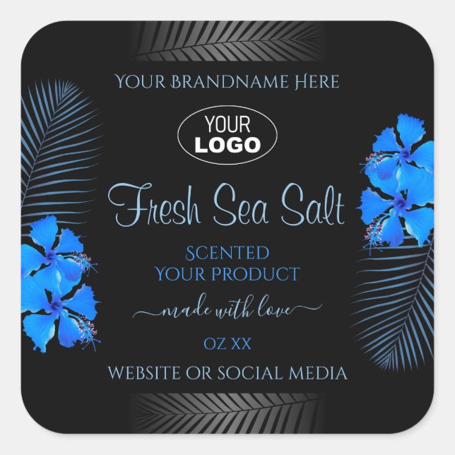 Logo "Black Product Label Sky Blue Hawaii Blume" Quadratischer Aufkleber (Vorderseite)