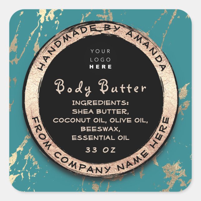Logo Body Balm Butter Cosmetic Gold Frame Aquamari Quadratischer Aufkleber (Vorderseite)
