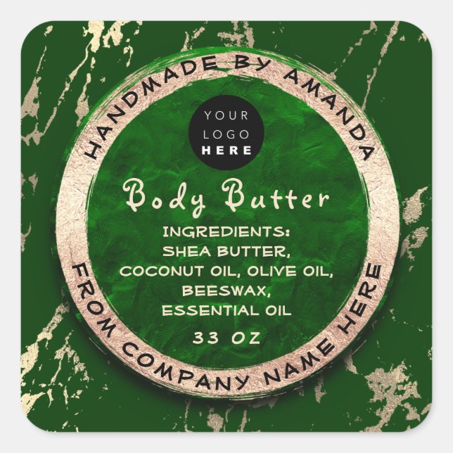 Logo Body Balm Butter Cosmetic Gold Frame Green Quadratischer Aufkleber (Vorderseite)