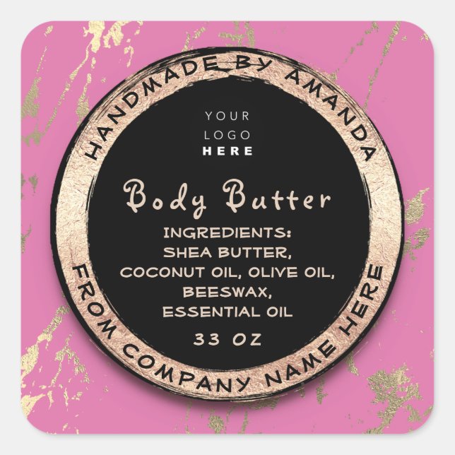 Logo Body Balm Butter Cosmetic Gold Frame Rose Quadratischer Aufkleber (Vorderseite)