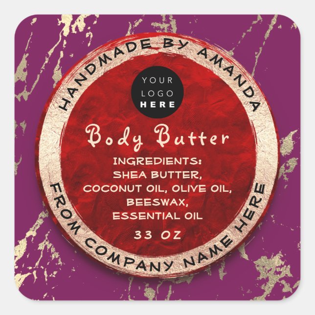 Logo Body Balm Butter Cosmetic Gold Ruby Lila Quadratischer Aufkleber (Vorderseite)