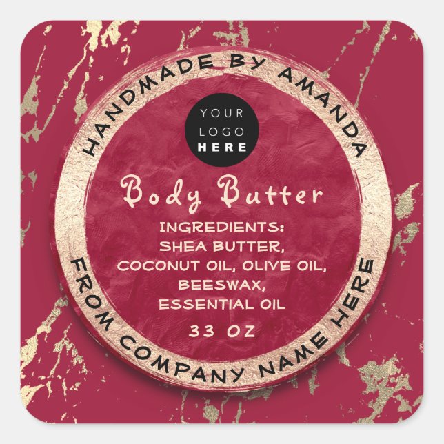 Logo Body Balm Butter Cosmetic Gold Ruby Red Quadratischer Aufkleber (Vorderseite)