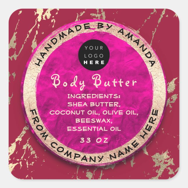Logo Body Balm Butter Kosmetische Gold Ruby Pink Quadratischer Aufkleber (Vorderseite)