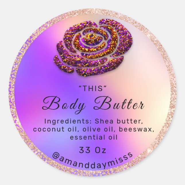 Logo Body Oil Balm Kosmetik Rose Lila Glitzer Runder Aufkleber (Vorderseite)