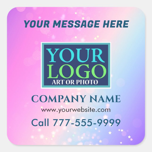 Logo, Botschaft, Geschäftswerbung, farbiger Bokeh  Quadratischer Aufkleber (Vorderseite)