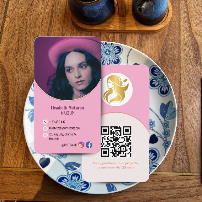 Logo-Branding Moderne Makeup Artist Business Cards Visitenkarte (Logo Branding Modern Makeup Artist Business Cards - QR Code & Photo Integration)