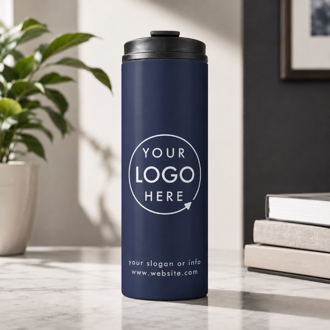 Logo | Business Corporate Company Navy Blue Thermosbecher (Navy blue company branded professional thermal tumblers for small business promotions.)