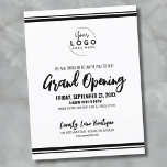Logo Business Grand Opening Postkarte<br><div class="desc">Eine schlichte, weiße Einladung mit schwarzen Schriftart und Details, die sich perfekt für ein Business Grand Opening, Brand Launch oder Product Party Event eignet. Das Design bietet einen knalligen, weißen Hintergrund mit anpassbarem schwarzem Text und Platz, um Ihr Logo oben für eine berufliche Touch zu platzieren. Personalisieren Sie den Text...</div>