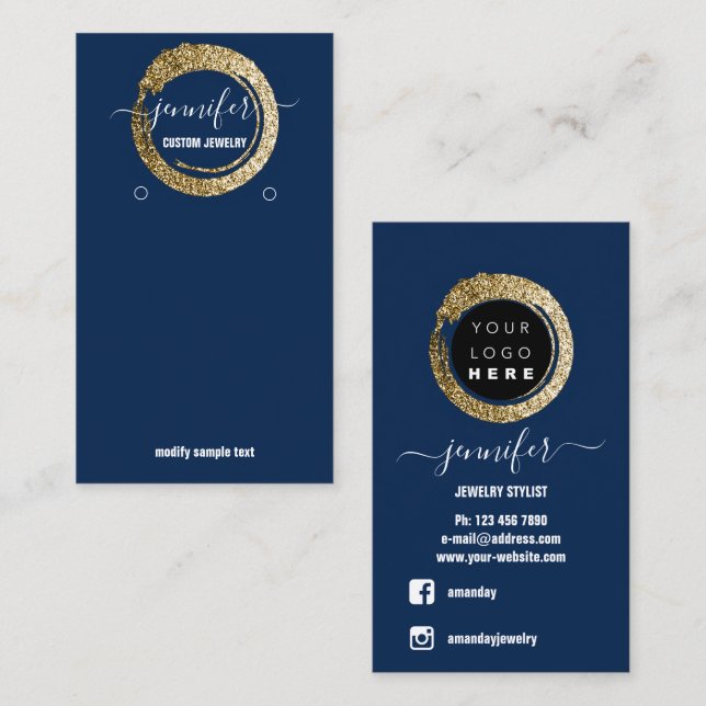 Logo Custom Jewele Social Media Blue Navy Gold Visitenkarte (Vorne/Hinten)
