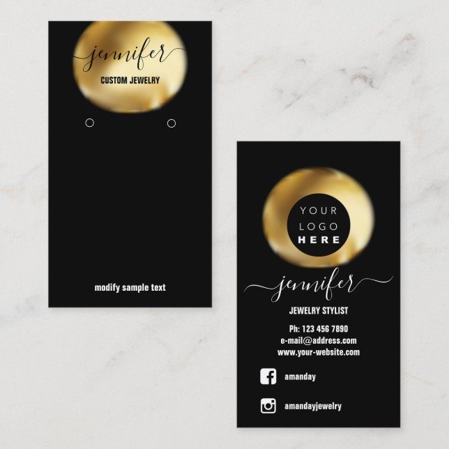 Logo Custom Juwelier Card Social Media Black Gold Visitenkarte (Vorne/Hinten)
